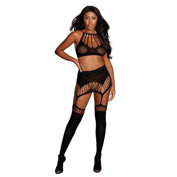 Dreamgirl Bralette en Jarretel Rok Set met Kousen | Maat One Size Zwart