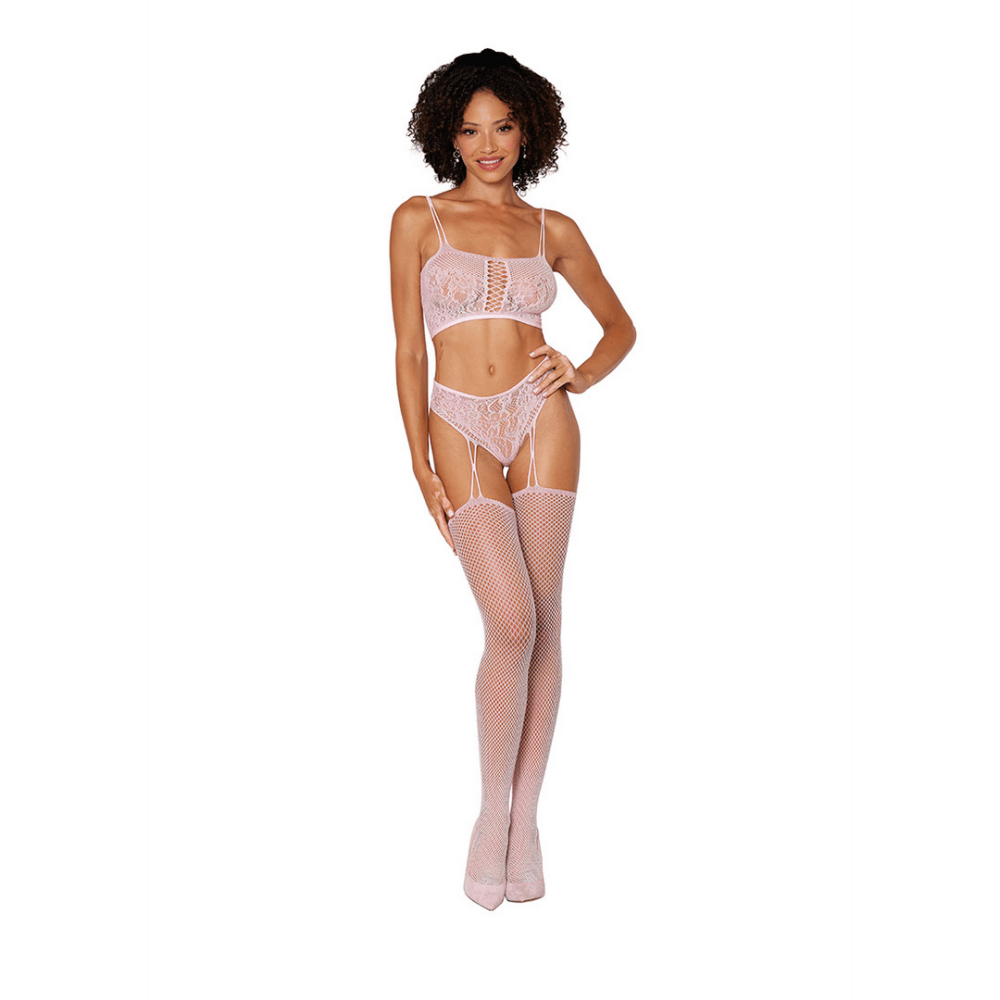 Dreamgirl beha top kousenband set visnet kant roze one size, vooraanzicht met bralette en kousenband details
