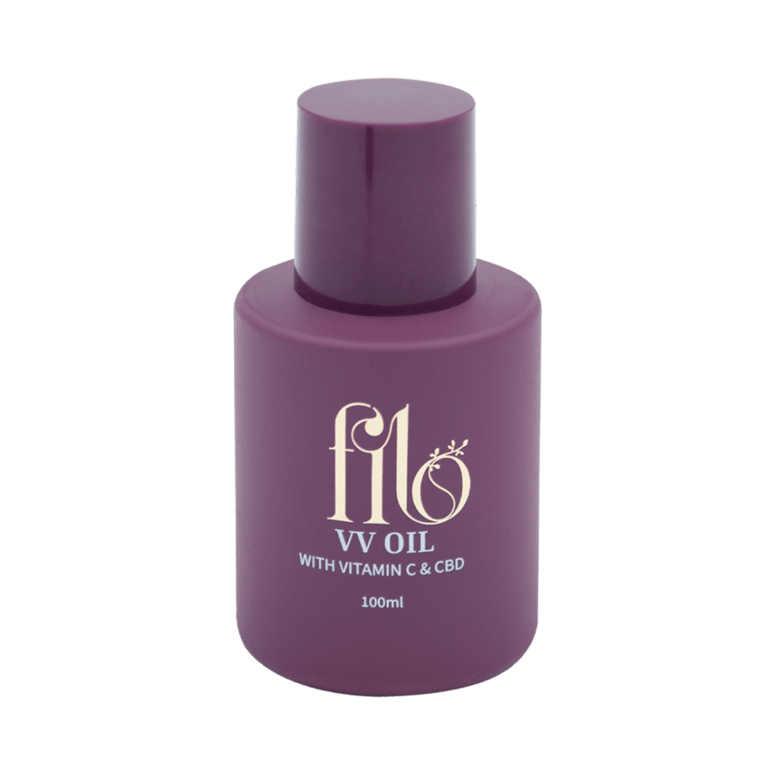 My Own Filo VV olie met vitamine C en CBD, paars flesje productfoto op neutrale achtergrond