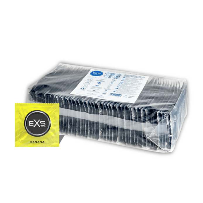 EXS Banana condooms met banaansmaak in transparante bulkdoos met geel label op witte achtergrond