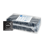 EXS Black Latex condooms 100 stuks in transparante bulkdoos met zwart label op witte achtergrond