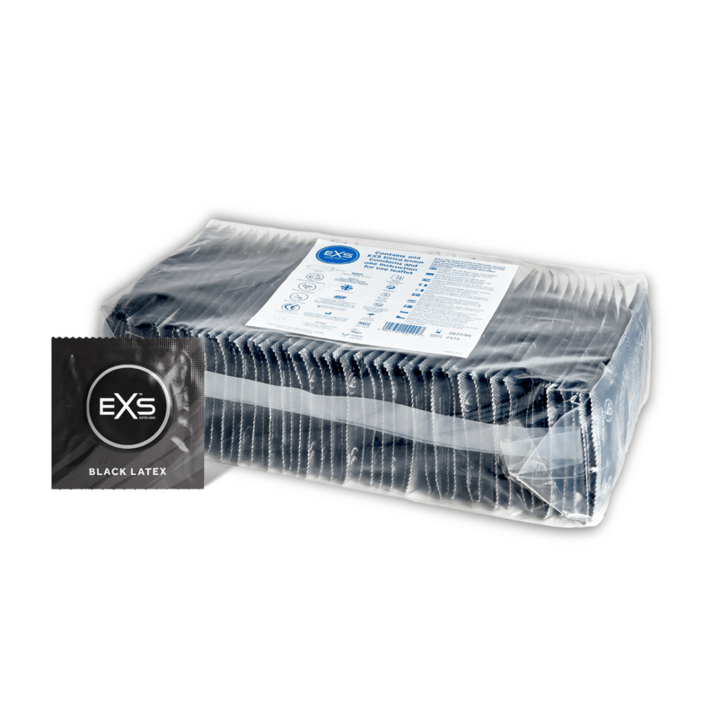 EXS Black Latex condooms 100 stuks in transparante bulkdoos met zwart label op witte achtergrond