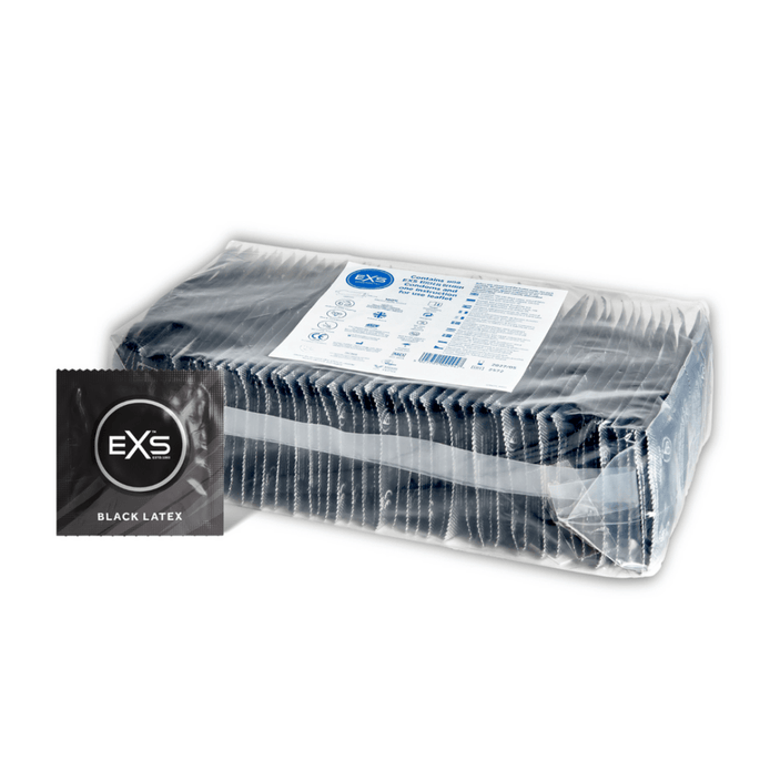 EXS Black Latex condooms 100 stuks in transparante bulkdoos met zwart label op witte achtergrond