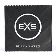 Zwarte EXS Black Latex condoomverpakking met rond merklogo en productnaam aan de onderzijde