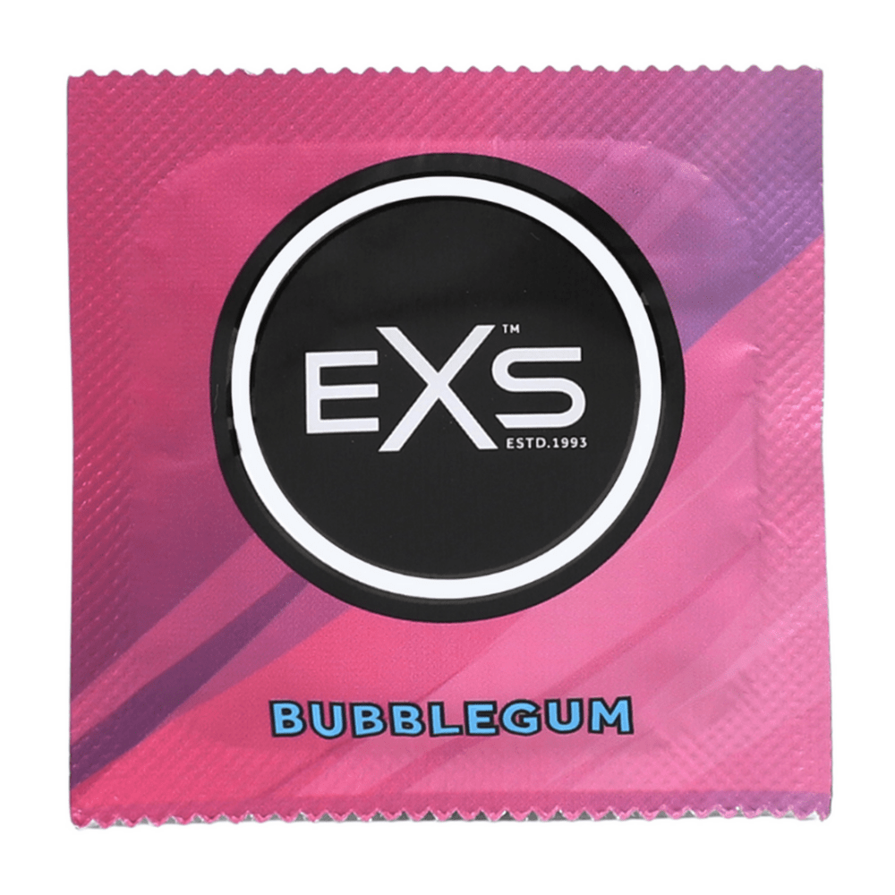 EXS Bubblegum condoom in roze folie verpakking met zwart rond merklogo en bubblegumtekst onderaan.