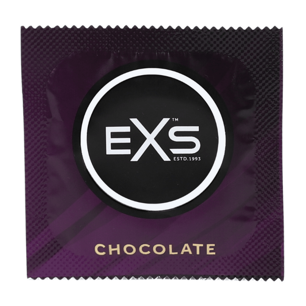 EXS Hot Chocolate condoom in donkere paarse verpakking met rond merklogo en chocoladetekst onderaan.