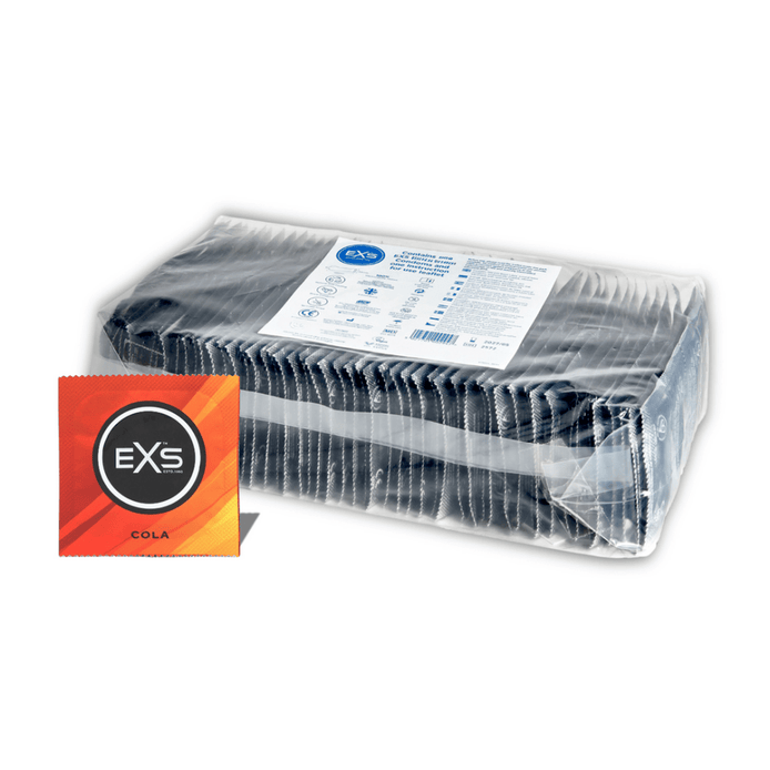 EXS Crazy Cola condooms in transparante bulkverpakking met oranje colalabel op witte achtergrond.