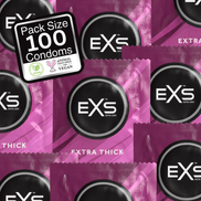 EXS Extra Thick condooms in paarse verpakkingen met ronde merklabels, als sfeerbeeld met meerdere stuks.