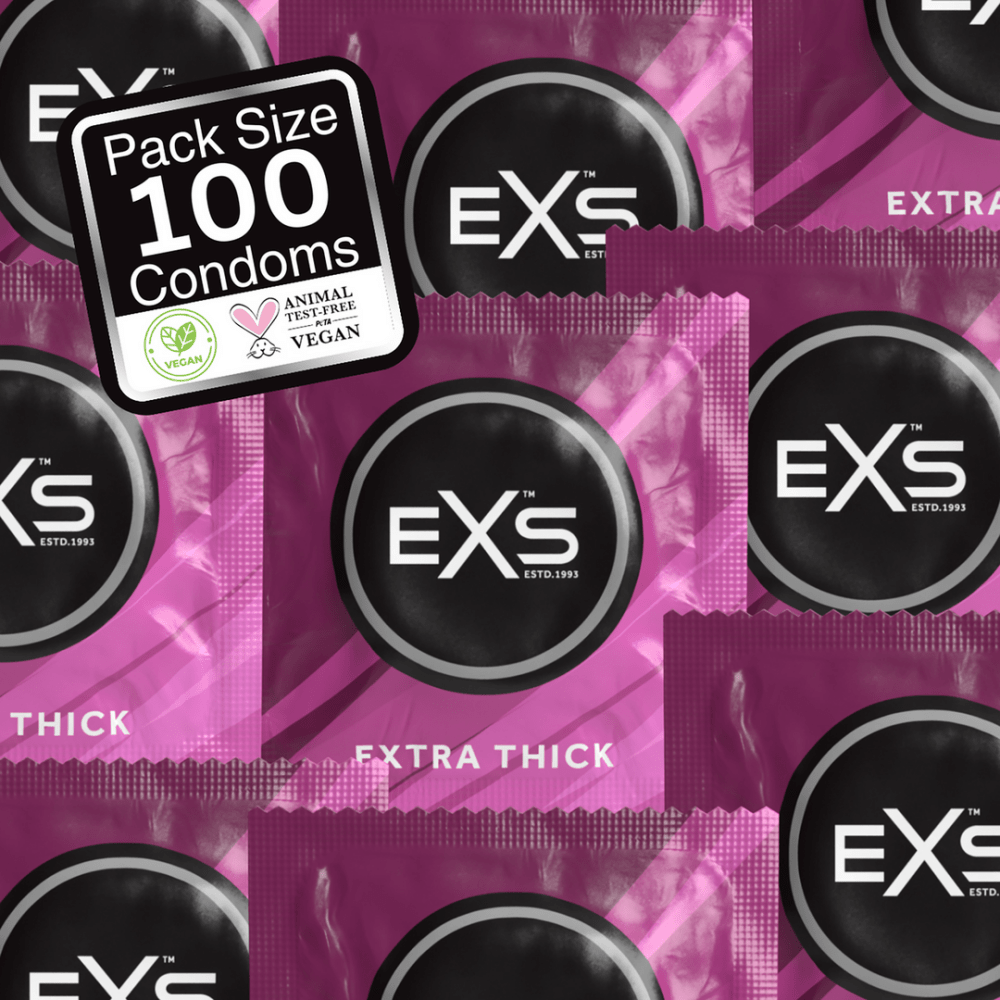 EXS Extra Thick condooms in paarse verpakkingen met ronde merklabels, als sfeerbeeld met meerdere stuks.
