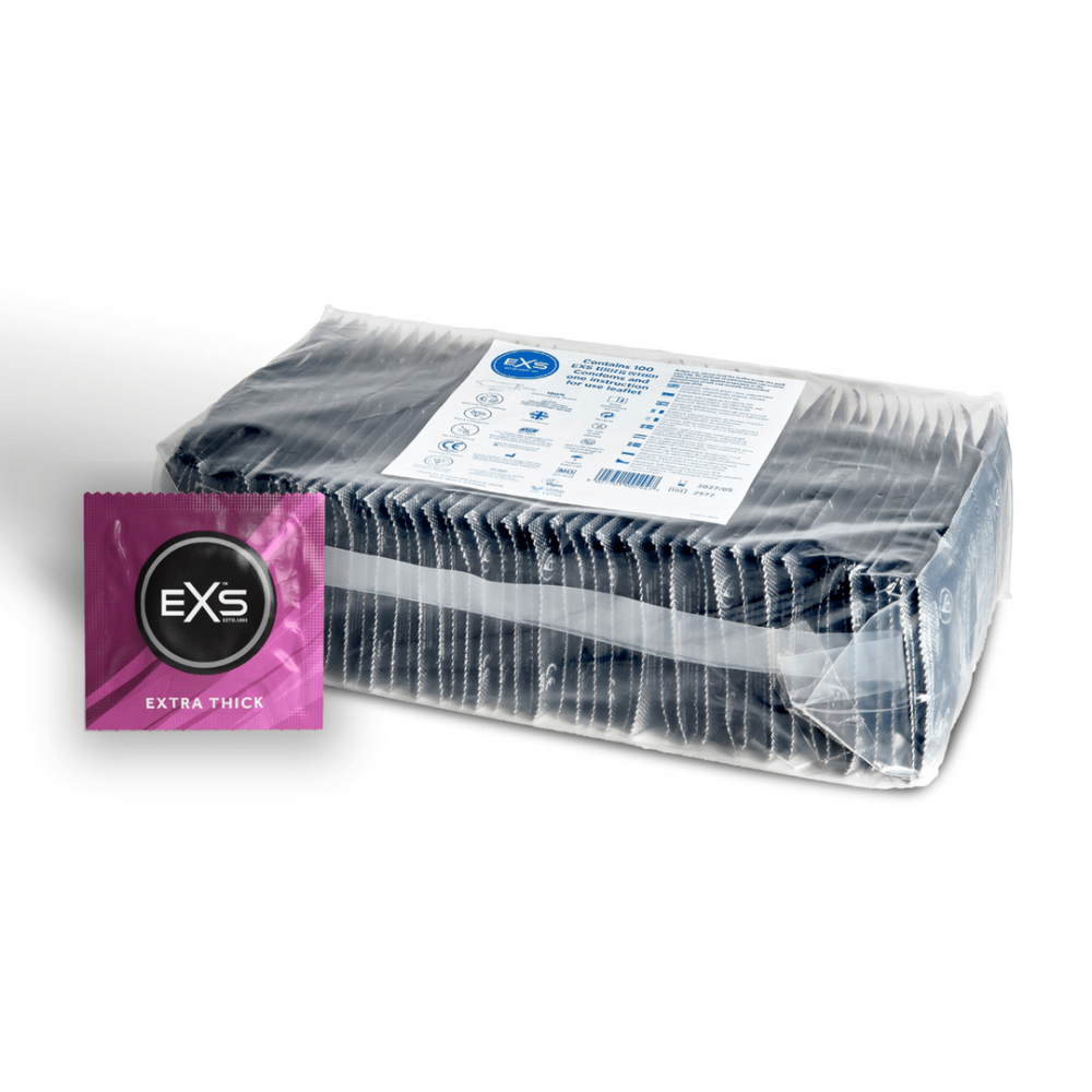 EXS Extra Thick condooms 100 stuks in transparante bulkverpakking met paars label op witte achtergrond.