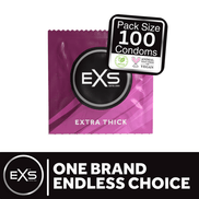 EXS Extra Thick condooms met paarse verpakking, 100 stuks badge en zwarte merkbanner onderaan.