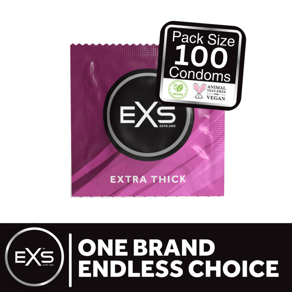 EXS Extra Thick condooms met paarse verpakking, 100 stuks badge en zwarte merkbanner onderaan.