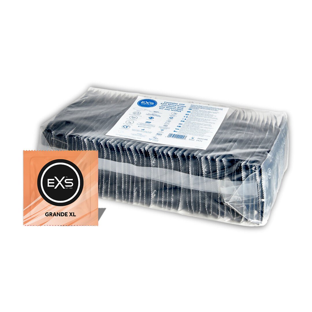EXS Grande XL condooms 100 stuks in transparante bulkverpakking met oranje label op witte achtergrond