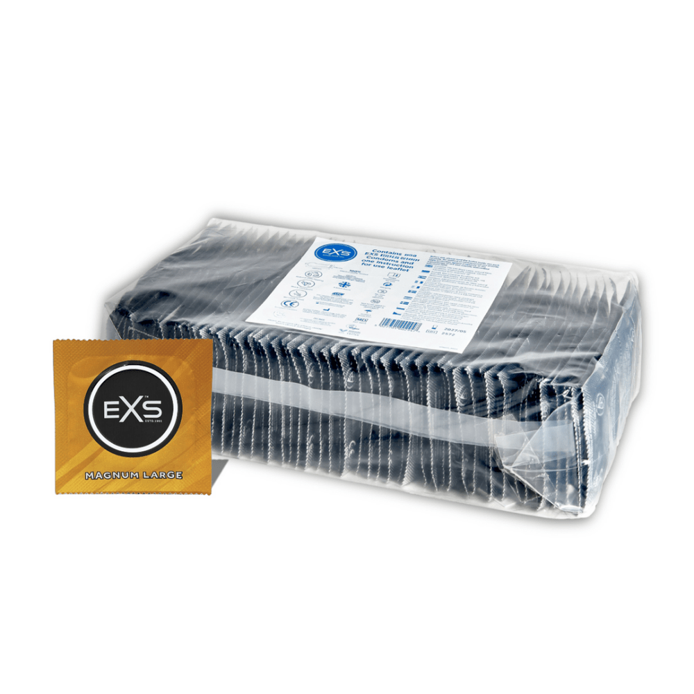 EXS Magnum condooms 60 mm in transparante bulkverpakking met goud label op witte achtergrond