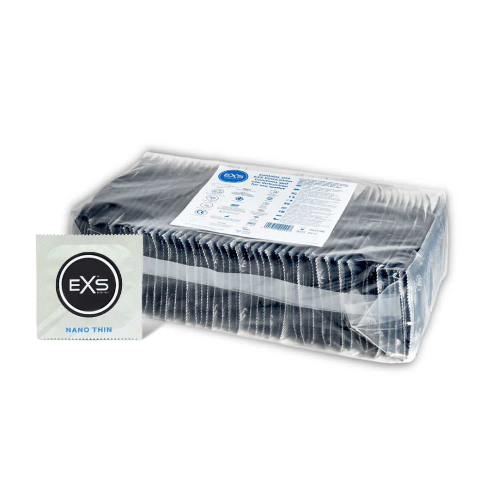 EXS Nano Thin condooms 100 stuks in transparante grootverpakking met grijs productlabel op witte achtergrond