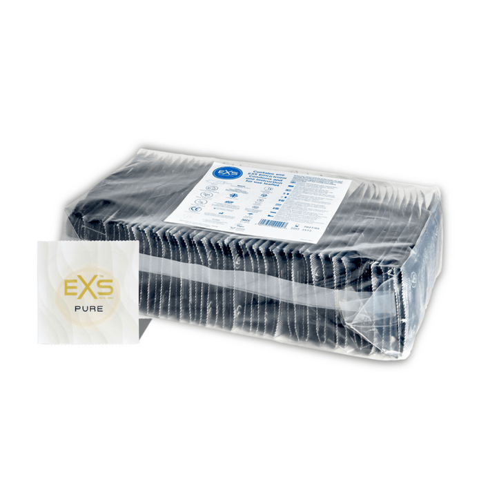 EXS Pure condooms 100 stuks in transparante bulkverpakking met lichte label op witte achtergrond