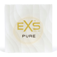 Witte EXS Pure condoomverpakking met goudkleurig logo, frontaal gefotografeerd op witte achtergrond