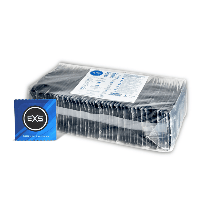 EXS Regular condooms 100 stuks in transparante bulkverpakking met blauwe label op witte achtergrond