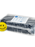 Transparante grootverpakking met EXS Smiley Face Regular condooms en herkenbare gele smiley folie