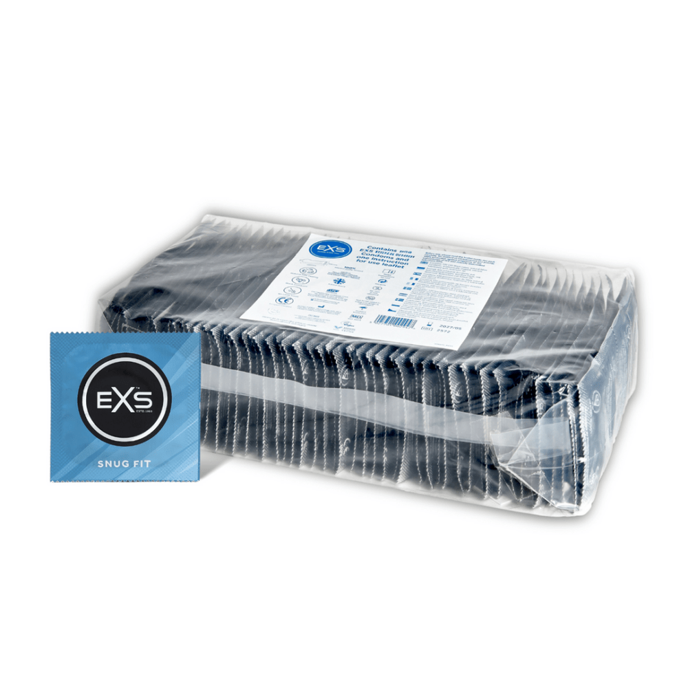 EXS Snug Fit 49 mm condooms 100 stuks in transparante bulkverpakking met blauw productlabel