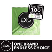 EXS Ribbed and Dotted condooms 100 stuks met groene verpakking, EXS-logo en zwart keuzelabel ernaast