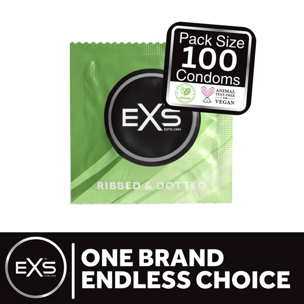 EXS Ribbed and Dotted condooms 100 stuks met groene verpakking, EXS-logo en zwart keuzelabel ernaast