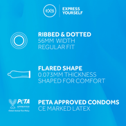 Blauwe EXS productkaart met pictogrammen en informatie over Ribbed and Dotted condooms 100 stuks