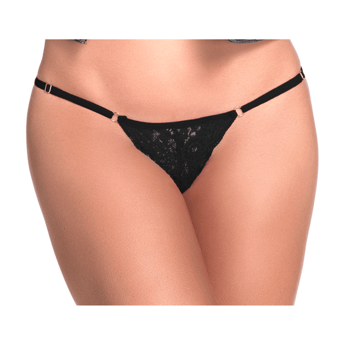 Mapalé kanten keyhole string in maat M/L, zwart, fijne kanten driehoek met keyhole uitsparing, smalle heupbandjes