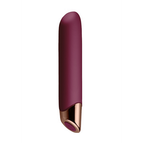 Aubergine Rocks-Off Chaiamo vibrator rechtop, met schuin afgeronde punt en roségoudkleurige voet met knop