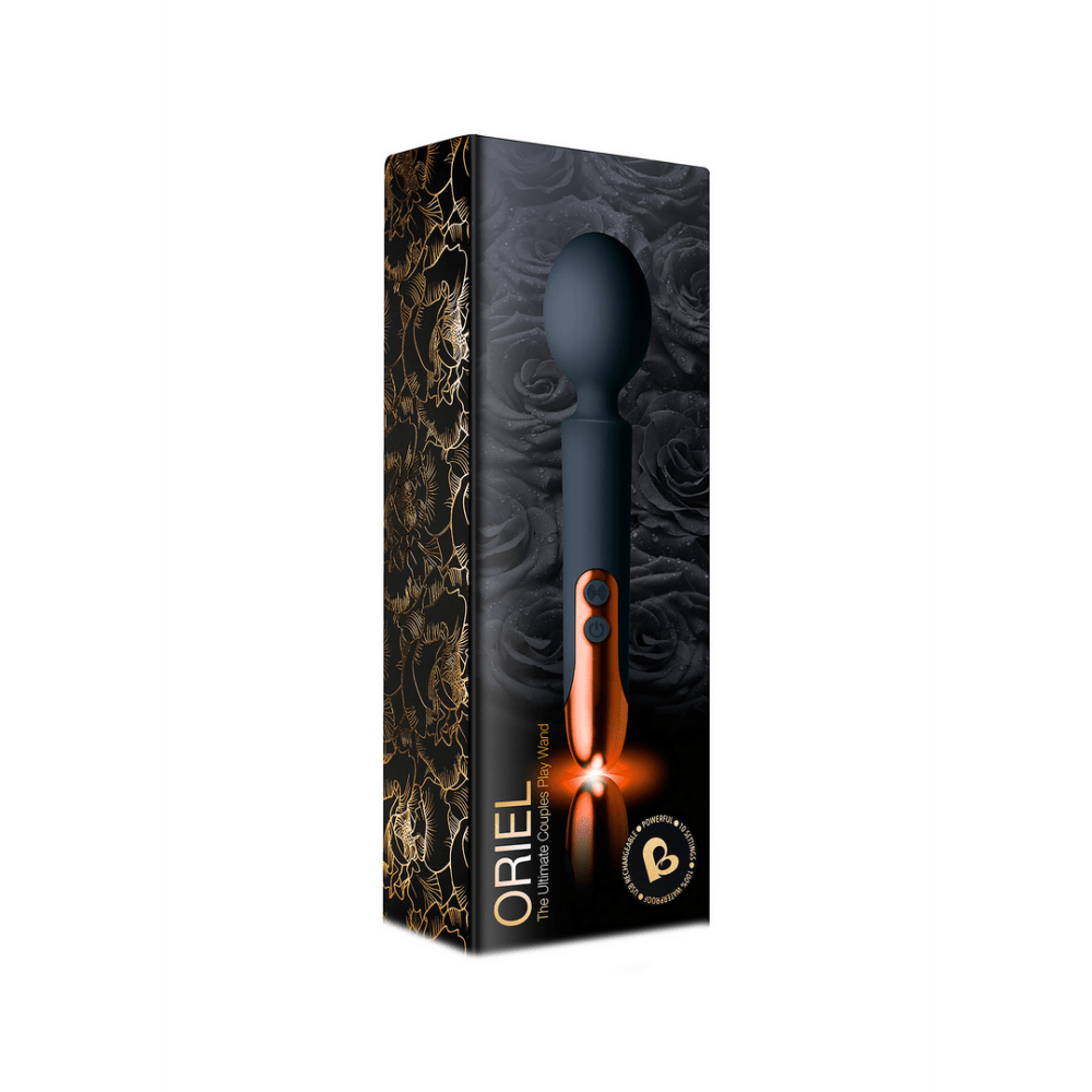 Rocks-Off Oriel wand vibrator grijs verpakking, productdoos met wand vibrator en merkvermelding