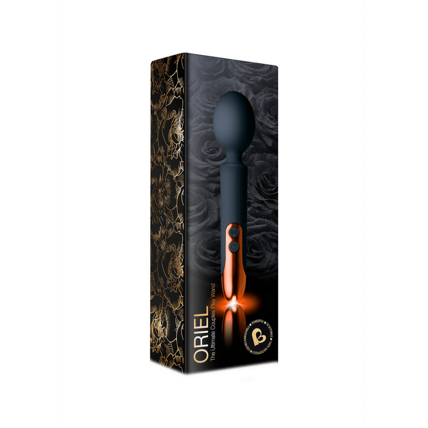 Rocks-Off Oriel wand vibrator grijs verpakking, productdoos met wand vibrator en merkvermelding