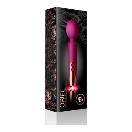 Rocks-Off Oriel massage wand aubergine met verpakking, premium design, oplaadbaar