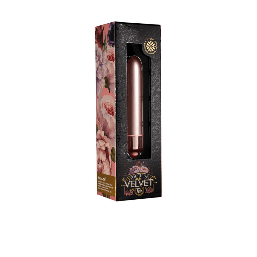 Rocks-Off bullet vibrator Rose Blush 90 mm verpakking, productdoos met bullet vibrator en merkvermelding