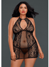Dreamgirl chemise, fishnet met kant, zwart, Queen Size Plus, vooraanzicht op model