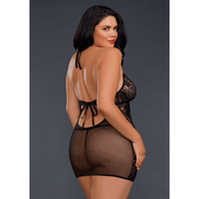 Dreamgirl chemise, fishnet en kant, zwart, Queen Size Plus, zijaanzicht op model, flatterende pasvorm