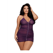 Dreamgirl mauve chemise met G string lingerie set plus size gedragen op model vooraanzicht