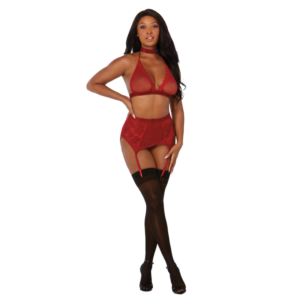 Dreamgirl 4-Delige Visnet En Kanten Lingerieset Rood One Size