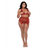 Dreamgirl visnet en kant lingerieset 4-delig rood met korset, jarretelles en kousen gedragen als sexy lingerie set