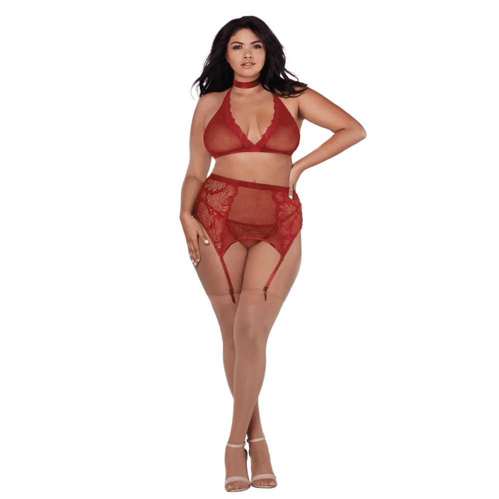 Dreamgirl visnet en kant lingerieset 4-delig rood met korset, jarretelles en kousen voor een elegante lingerie look