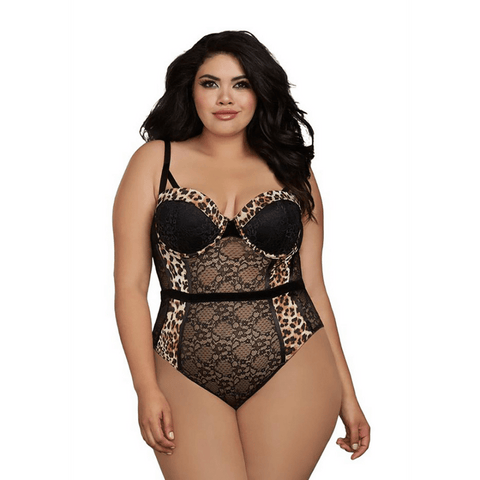 Dreamgirl zwarte mesh teddy lingerie maat 1X met transparant design en verleidelijke pasvorm vooraanzicht op model