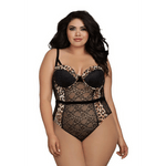 Dreamgirl kant en mesh teddy zwart in maat 3X, vooraanzicht met beugelcups, transparante mesh body en hoge beenlijn.