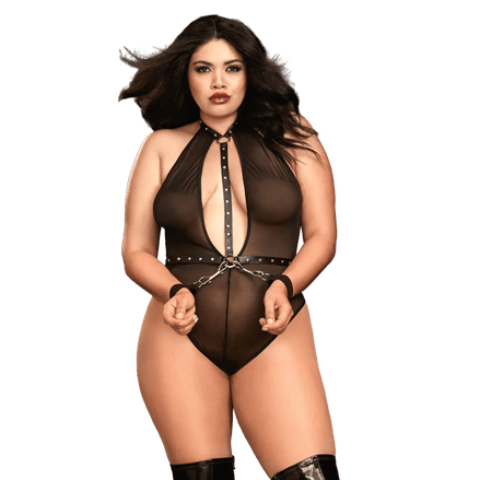 Dreamgirl Teddy mit hohem Hals und Handfesseln