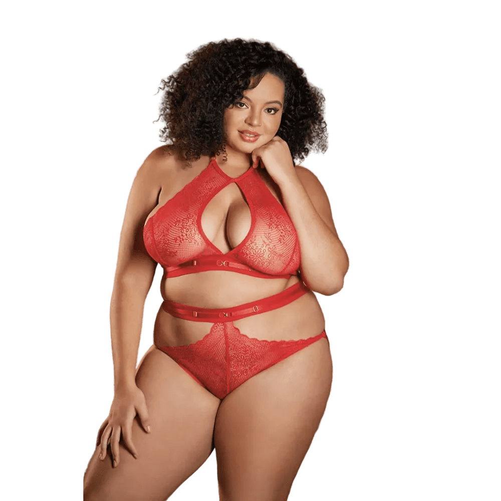 Allure Lace Halter Top & Backless Panty Plus Size