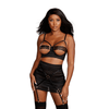Dreamgirl strappy open cup bh met jarretelrok, zwart, maat XL, vooraanzicht op model