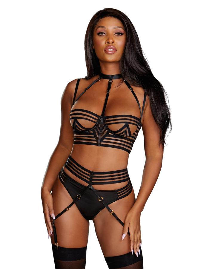 Dreamgirl bh jarretelgordel set zwart, maat L, vooraanzicht, strappy bandjes met ringen en hoge jarretelgordel