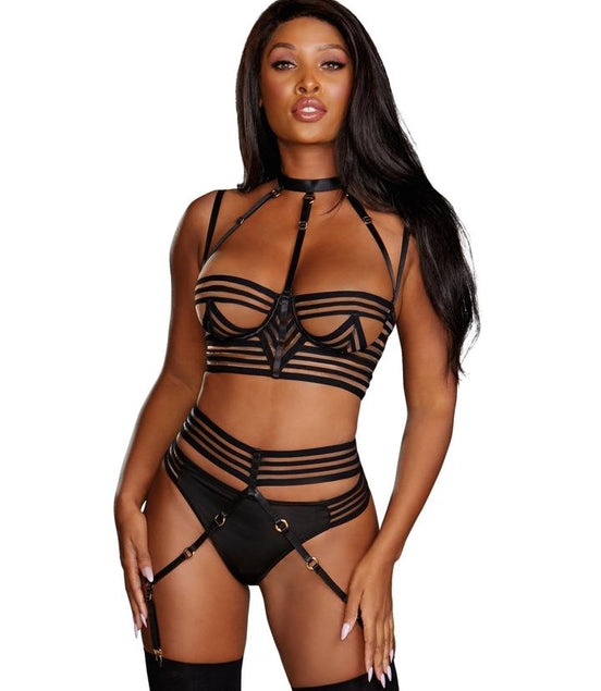 Sheer Striped Bra, Garter Belt and G-String Set - XL - Black