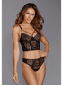 Dreamgirl bustier set zwart maat M, front op grijze achtergrond, transparant kant met cups, slip met bandjes op heup.