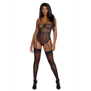 Dreamgirl Transparante Mesh Teddy met beugel en jarretelles | Maat XL Zwart