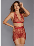 Dreamgirl rood bloemenborduursel, maat M, close-up bovenlichaam met jarretels