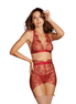 Dreamgirl 3-delige lingerieset, rood met bloemenborduursel, maat M, vooraanzicht op model